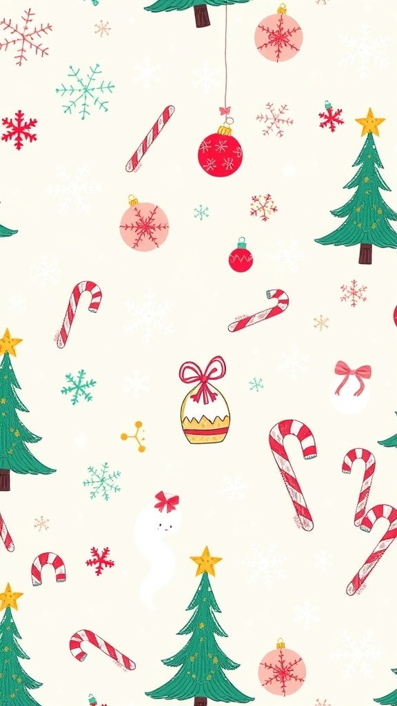 Aesthetic wallpaper with Christmas doodles including trees, snowflakes, and ornaments in vibrant colors.